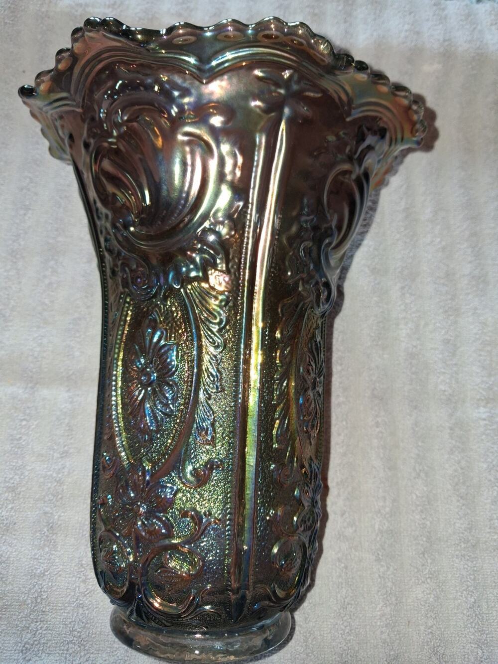 Imperial Glass Smokey Peacock Blue Carnival Glass Scroll & Flowers Vase